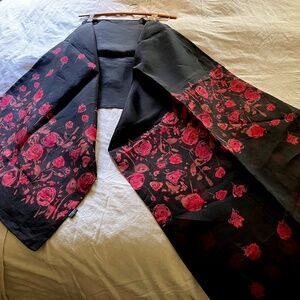 Artsy Silk organza shawl, black with hand painted rose design